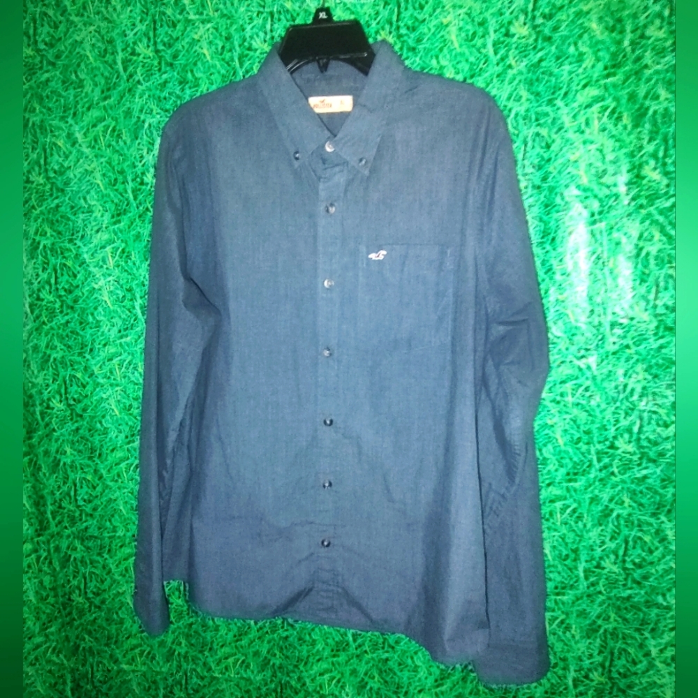 Hollister Men's Long Sleeve Button Down XL Dark Blue Pre-owned Embroidered Logo
